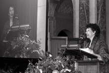 Mernissi receiving the Erasmus Prize, 2004