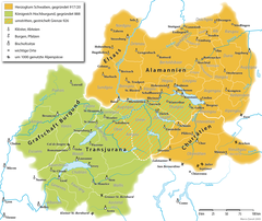 Mapo pri Supra Burgundio (verde) kaj Duklando Ŝvabio (oranĝe)