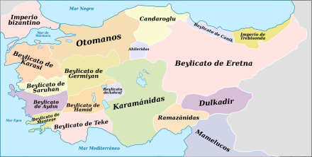 Map of Anatolia with various principalities in different colours, labelled in Turkish