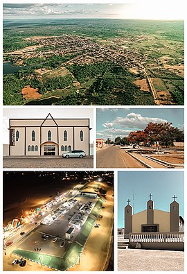 De cima para baixo, da esquerda para direita: Foto aérea de Avelino Lopes, Primeira Igreja Batista de Avelino Lopes, Avenida Sérgio Gama, Praça de Eventos em noite de Festejos, Paróquia da Igreja Católica.