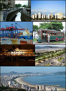 from top, left to right: Canal 4, Jardins da orla de Santos, Port of Santos, Bondes de Santos, Museu de Pesca, Litoral de São Paulo, Santos skyline