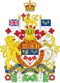 A shield of four rectangles over a triangle. The first rectangle contains three lions passant guardant in gold on red; the second, a red lion rampant on gold; the third, a gold harp on blue; the fourth, three gold fleurs-de-lis on blue. The triangle contains three red maple leaves on a white background. A gold helmet sits on top of the shield, upon which is a crowned lion holding a red maple leaf. On the right is a lion rampant flying the British flag. On the left is a unicorn flying the fleurs-de-lis. A red ribbon around the shield says "desiderantes meliorem patriam". Below it is a blue scroll inscribed "A mari usque ad mare" on a wreath of flowers.
