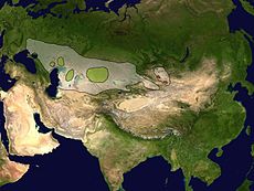 Distribución histórica (en blanco) y distribución actual de S. t. tatarica (en verde) y S. t. mongolica (en rojo).