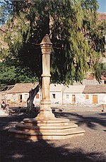 A picture of a small monument in front of a large, crooked tree, with a row of small houses in the background.