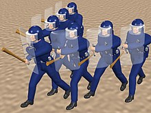 Modélisation en trois dimensions d'une escouade de sept policiers en uniforme bleu avec boucliers transparents, casques et matraque en bois marchant sur du sable dans un formation triangulaire