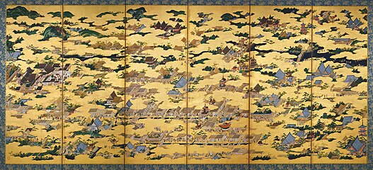 Kanō Eitoku. Vues à l'intérieur et à l'extérieur de la capitale, Kyoto. Paravent à six feuilles. Couleurs et or sur papier honkin, 160,5 x 364,5 cm. 1561-1562[35]. Yonezawa City Uesugi Museum.