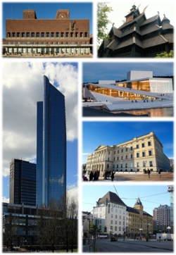 From top-left, clockwise: Oslo City Hall, Gol stave church, Oslo Opera House, Royal Palace, Railway Square, Oslo Plaza