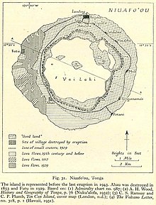 Carte d'une île indiquant par des traits différents les coulées de lave de 1912 à 1943