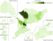 Support for Green Party candidates by riding