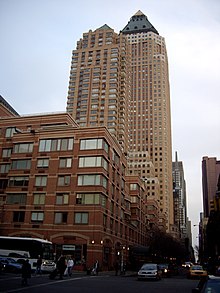 Looking east across Ninth Avenue and 49th Street at 3 Worldwide Plaza in the foreground, with 1 and 2 Worldwide Plaza in the background