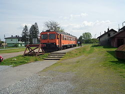 Passenger train in Banova Jaruga, ready to depart towards Daruvar (2014).