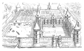 Jardins du Castello di Bury, distrutto nel 1642 (Jacques Ier Androuet du Cerceau, «Les plus excellents bastiments de France»).