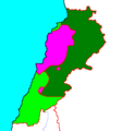 Image 24Map showing power balance in Lebanon, 1976: Dark Green – controlled by Syria; Purple – controlled by Maronite groups; Light Green – controlled by Palestinian militias (from History of Lebanon)