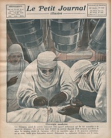 Illustration de chirurgiens opérant un patient en couverture d'un journal.