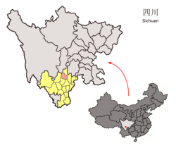 Location of Yuexi County (red) within Liangshan Prefecture (yellow) and Sichuan