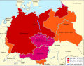 德国于1933年至1943年的领土扩张。红色：1933年；紫色：1939年；橙色：1943年（摘自納粹德國）