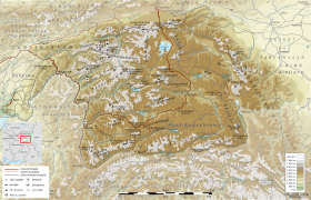 Carte topographique du Pamir avec le chaînon Sarikol à l'est.