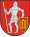 A coat of arms depicting a man in full body armour holding a white spear in his right hand and a red-and-yellow shield in his left hand