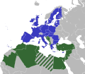 Image showing members of the Union for the Mediterranean, with EU countries in blue and non-EU in dark green