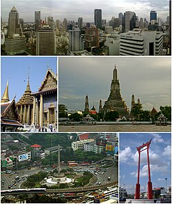 A composite image, the top row showing a skyline with several skyscrapers; the second row showing, on the left, a Thai temple complex, and on the right, a temple with a large stupa surrounded by four smaller ones on a river bank; and the third rowing showing, on the left, a monument featuring bronze figures standing around the base of an obelisk, surrounded by a large traffic circle, with an elevated rail line passing in the foreground, and on the right, a tall gate-like structure, painted in red