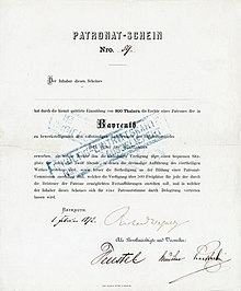 Certificat de patronage pour le financement du festival de Bayreuth, émis le 1er février 1872, signé en original par Richard Wagner. En payant 300 thalers, le détenteur du billet acquérait le droit d'assister à trois représentations du jeu de scène Der Ring des Nibelungen.