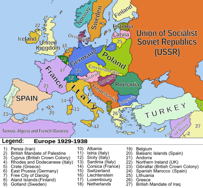 Kartskisse over landegrenser i Europa mellom 1929 og 1938