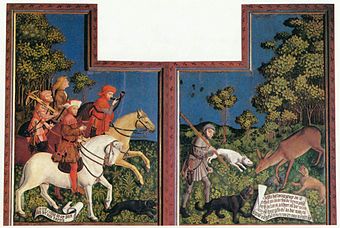 Tassilo reitet in Begleitung von drei Knechten zur Jagd (Meister der Pollinger Tafeln, 1444)