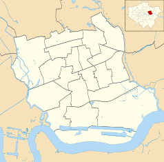 Mapa konturowa gminy Newham, na dole nieco na prawo znajduje się punkt z opisem „LCY”