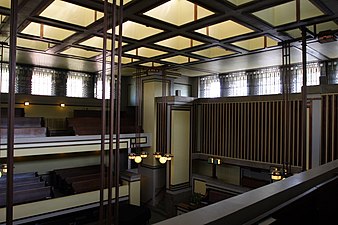 Interior do Unity Temple de Wright, Oak Park, Illinois (1905–1908)