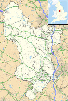 Mapa konturowa Derbyshire, blisko centrum na prawo u góry znajduje się punkt z opisem „Chesterfield”