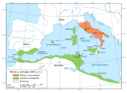 Un mapa del Mediterráneo occidental que muestra el territorio controlado por Cartago y Roma al comienzo de la primera guerra púnica.