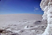 A top-down photo of the Hardangerjøkulen glacier (a vast snowy plain) in Finse, Norway