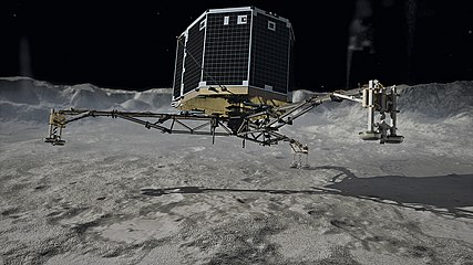 Representación del aterrizaje de Philae en el cometa. El aterrizaje real fue sobre una superficie mucho más escarpada.