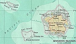 謝尼亞溫群島地圖（波纳佩岛及安特環礁和帕金環礁）