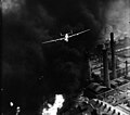 American Consolidated B-24 Liberator bomber aircraft during the bombing of oil refineries in Ploiești, Romania on 1 August 1943 during Operation Tidal Wave