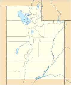 Mapa konturowa Utah, blisko centrum na lewo znajduje się punkt z opisem „Lynndyl”