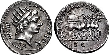 19 BC, L. Aquillius Florus (Sol/Chariot with modius).