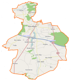 Mapa konturowa gminy Stare Miasto, blisko centrum po lewej na dole znajduje się punkt z opisem „Tomaszew”