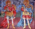 Teodorus dari Amasea (di kiri) dan Teodorus Stratelates (di kanan) - fresko dari Biara Rila, Bulgaria (abad ke-19?)