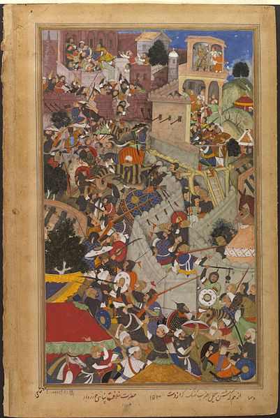 أكبر، يطلق النار على قائد راجبوت، جيمال، وذلك باستخدام بندقية فتيل، Akbarnama، 1590-1595.