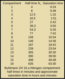 Table of theoretical tissues with their half times and saturation times used in the Buhlmann ZH16 decompression model