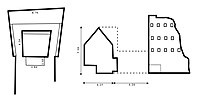 Plan and side view of the Cave of the Statues. The front room, about 6 meters tall, has a huge podium (3.8x1.4 meters) for a colossal statue of the Buddha. The large back room has a rare gabled ceiling.