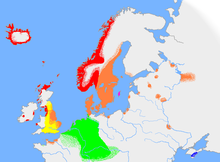 Karte Nordeuropas mit den germanischen Sprachen des frühen Mittelalters