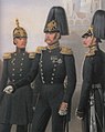 Balról jobbra: ezredes, vezérőrnagy és százados 1844-es típusú sisakban a Császári Orosz Testőr Vadászezredből