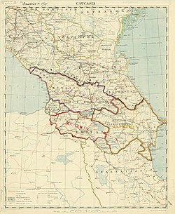 1918年英国陆军绘制的高加索地图，中间突出部分是外高加索民主联邦共和国的继承国，主张领土与现今基本一致[1]