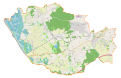 Mapa konturowa gminy Gorzyce, blisko centrum na dole znajduje się punkt z opisem „Pałac myśliwski w Gorzycach”