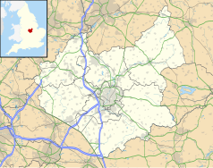 Mapa konturowa Leicestershire, blisko centrum u góry znajduje się punkt z opisem „Loughborough”