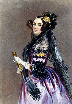 Portrait à l'aquarelle d’Ada Lovelace, fille du poète Byron, parfois considérée comme « le premier programmeur du monde ». (définition réelle 2 439 × 3 504)