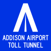 A blue sign with a stylized "A" logo and the name of the tunnel.