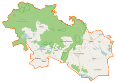Mapa konturowa gminy Stare Czarnowo, blisko centrum na lewo znajduje się owalna plamka nieco zaostrzona i wystająca na lewo w swoim dolnym rogu z opisem „Glinna Wielka”